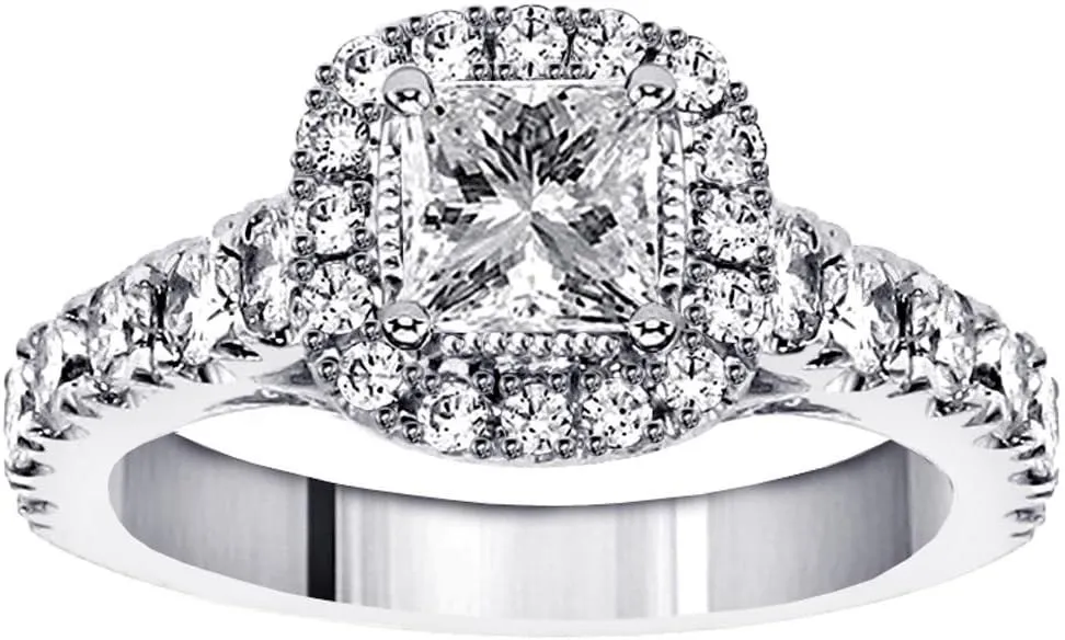 2.07 CT TW GIA Certified Halo Princess Cut Diamond Encrusted Engagement Ring in 14k White Gold