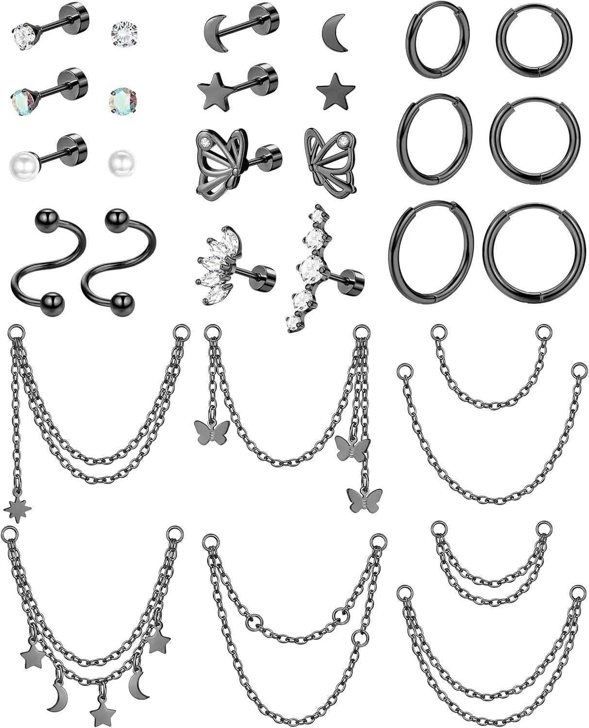 20G Cartilage Earrings Set For Women Men Stainless Steel Small Huggie Hoop Earring Flatback Star Moon Butterfly CZ Cartilage Stud Earrings Chain Dangle Cartilage Helix Tragus Piercing Jewelry
