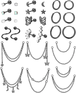 20G Cartilage Earrings Set For Women Men Stainless Steel Small Huggie Hoop Earring Flatback Star Moon Butterfly CZ Cartilage Stud Earrings Chain Dangle Cartilage Helix Tragus Piercing Jewelry