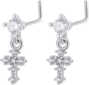 20G CZ Cross Dangle Nose Rings for Women Hypoallergenic Surgical Steel L-Shaped Nose Studs Ring Dainty Nostril Piercing Jewelry