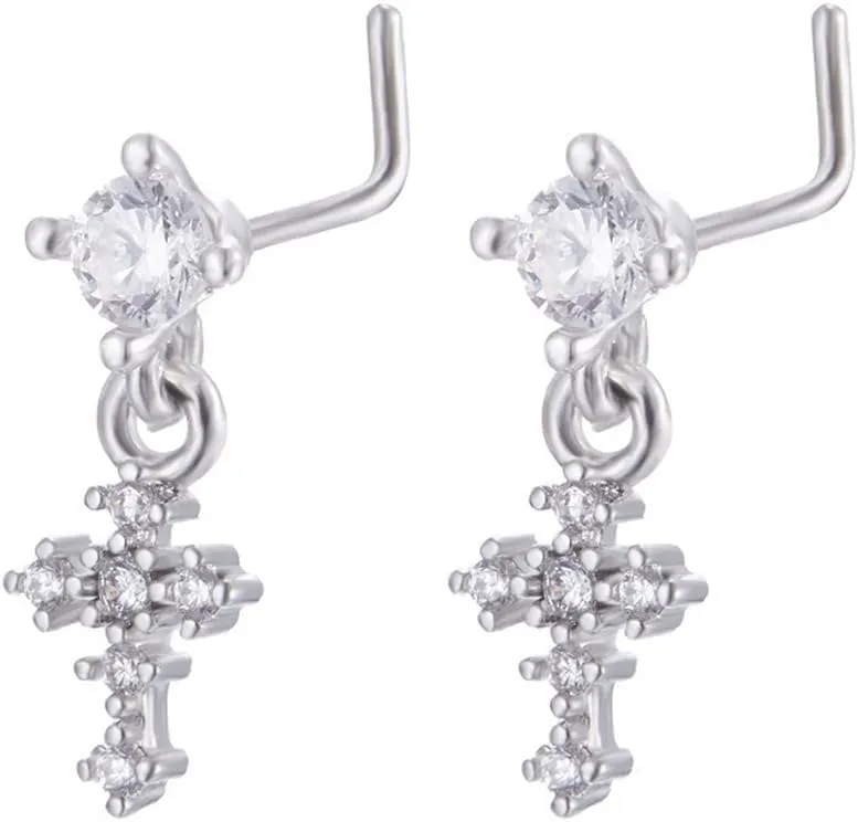 20G CZ Cross Dangle Nose Rings for Women Hypoallergenic Surgical Steel L-Shaped Nose Studs Ring Dainty Nostril Piercing Jewelry