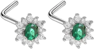 20G Nose Rings Studs for Women Stainless Steel L-Shaped Flower Nose Nostrial Piercing Studs Green CZ Body Piercing Jewelry