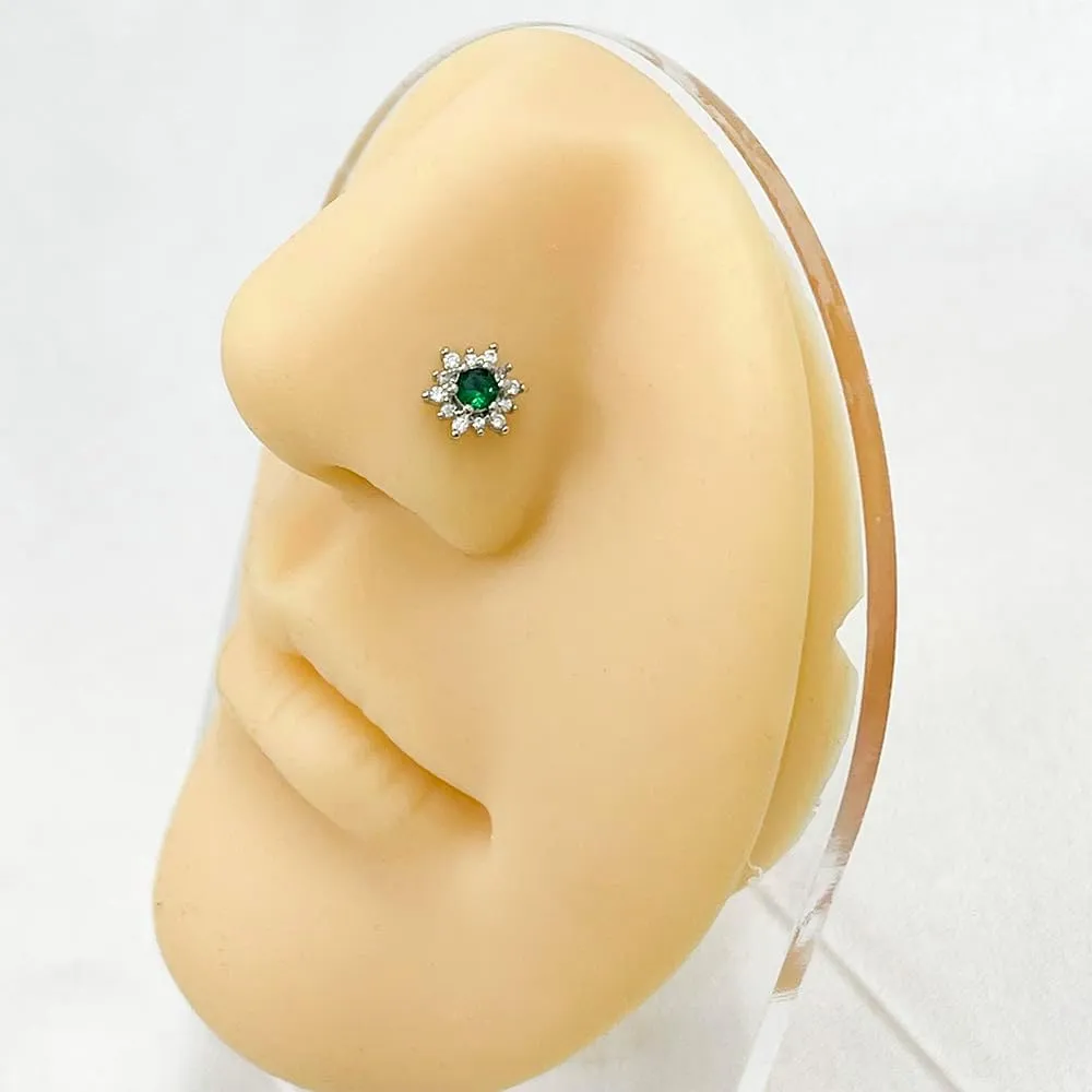 20G Nose Rings Studs for Women Stainless Steel L-Shaped Flower Nose Nostrial Piercing Studs Green CZ Body Piercing Jewelry