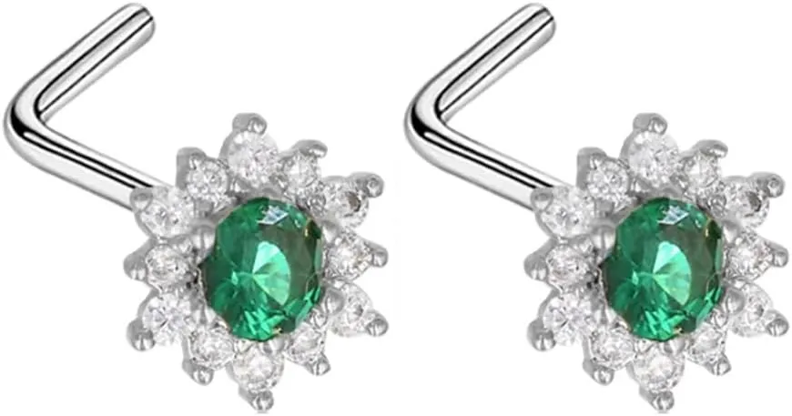 20G Nose Rings Studs for Women Stainless Steel L-Shaped Flower Nose Nostrial Piercing Studs Green CZ Body Piercing Jewelry