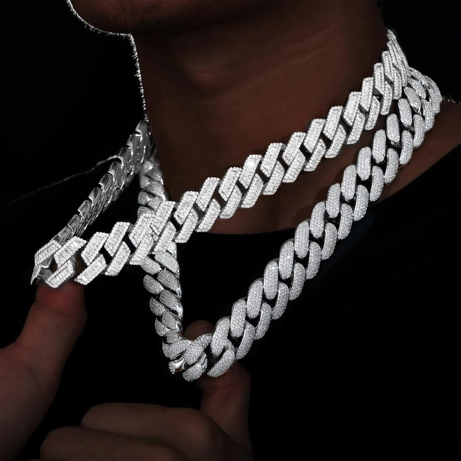 20mm Iced Out Cuban Link Chain 5A  Baguette Cubic Zirconia 18K White Gold Plated Bling Diamond Chain Hip Hop Rapper Luxury Cuban Link Necklace Jewelry for Men and Women