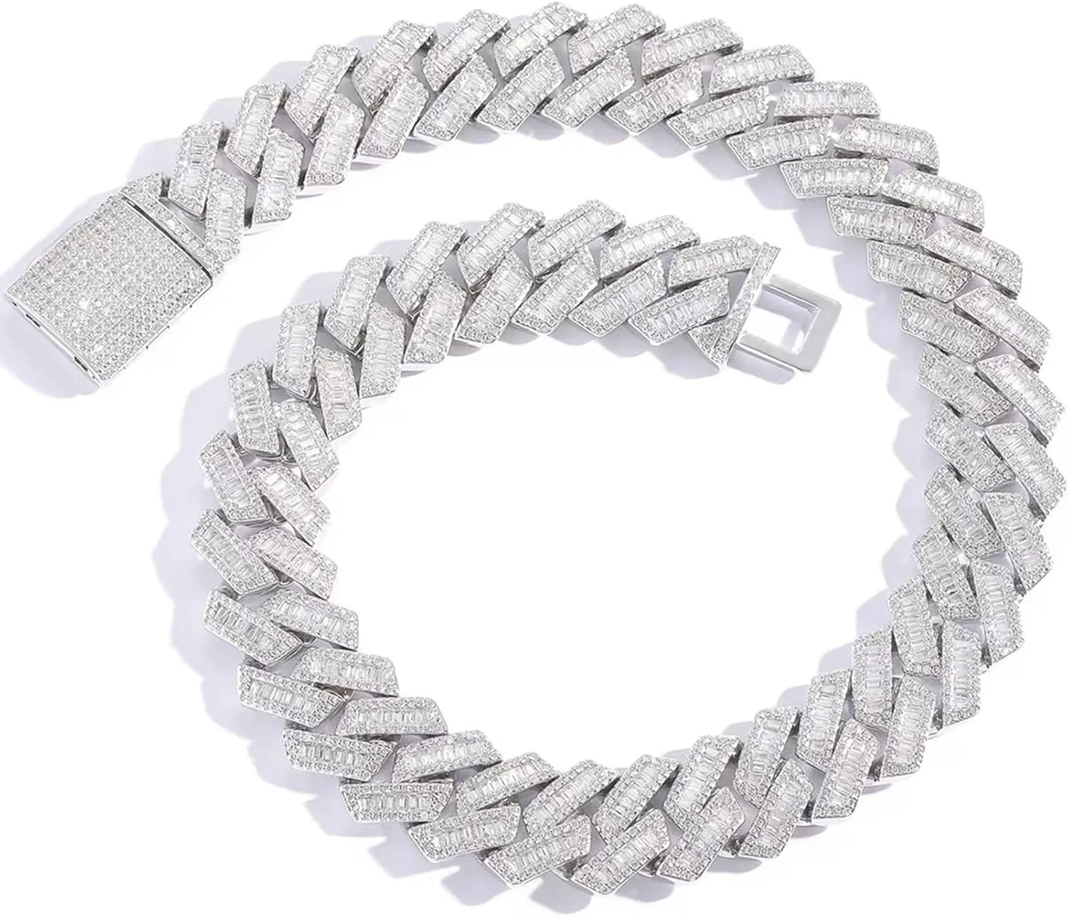 20mm Iced Out Cuban Link Chain 5A  Baguette Cubic Zirconia 18K White Gold Plated Bling Diamond Chain Hip Hop Rapper Luxury Cuban Link Necklace Jewelry for Men and Women