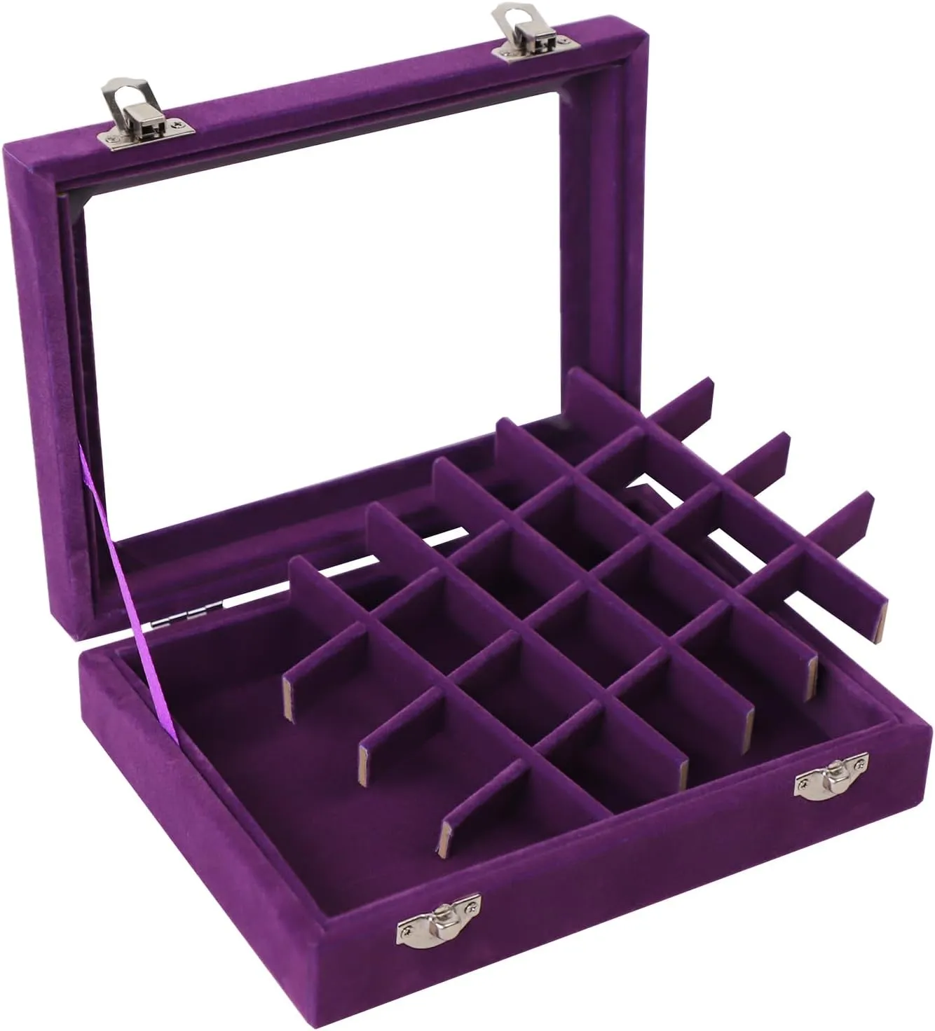 24 Grid Velvet Jewelry Tray for Drawers Detachable Earrings Holder Organizer Earring Case Jewelry Showcase Box Glass Clear Lid Showcase Display Storage Ring Trays (Purple)