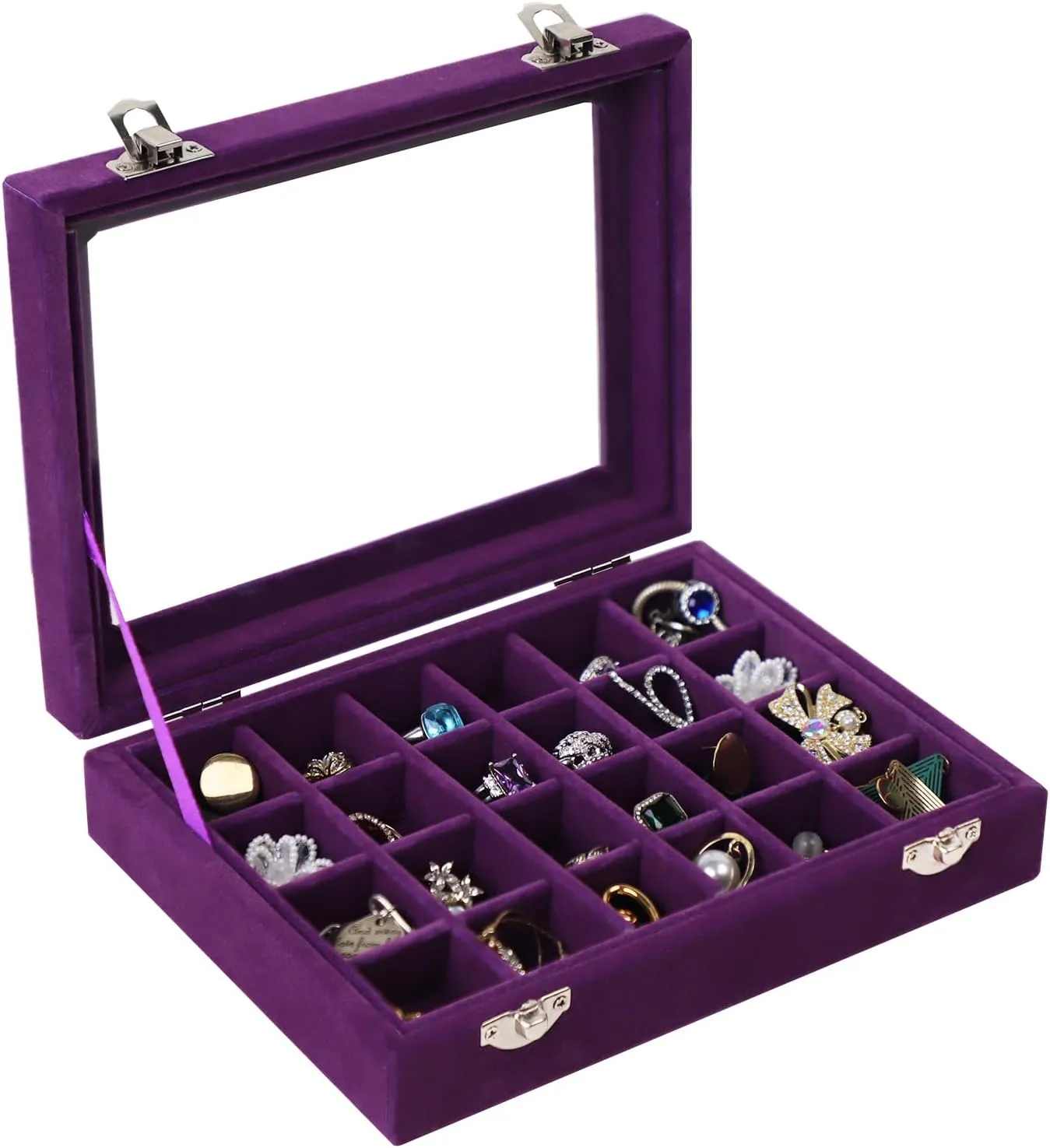 24 Grid Velvet Jewelry Tray for Drawers Detachable Earrings Holder Organizer Earring Case Jewelry Showcase Box Glass Clear Lid Showcase Display Storage Ring Trays (Purple)