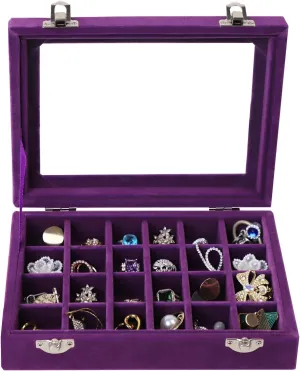 24 Grid Velvet Jewelry Tray for Drawers Detachable Earrings Holder Organizer Earring Case Jewelry Showcase Box Glass Clear Lid Showcase Display Storage Ring Trays (Purple)