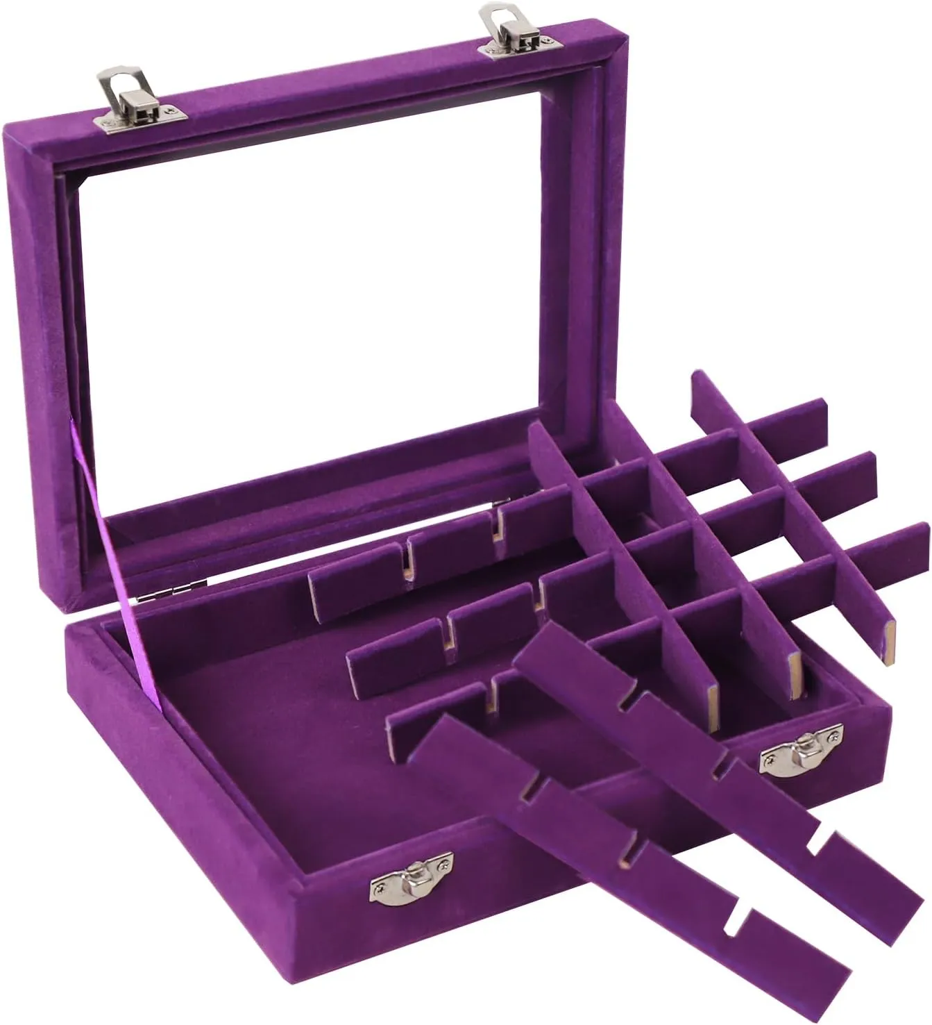 24 Grid Velvet Jewelry Tray for Drawers Detachable Earrings Holder Organizer Earring Case Jewelry Showcase Box Glass Clear Lid Showcase Display Storage Ring Trays (Purple)