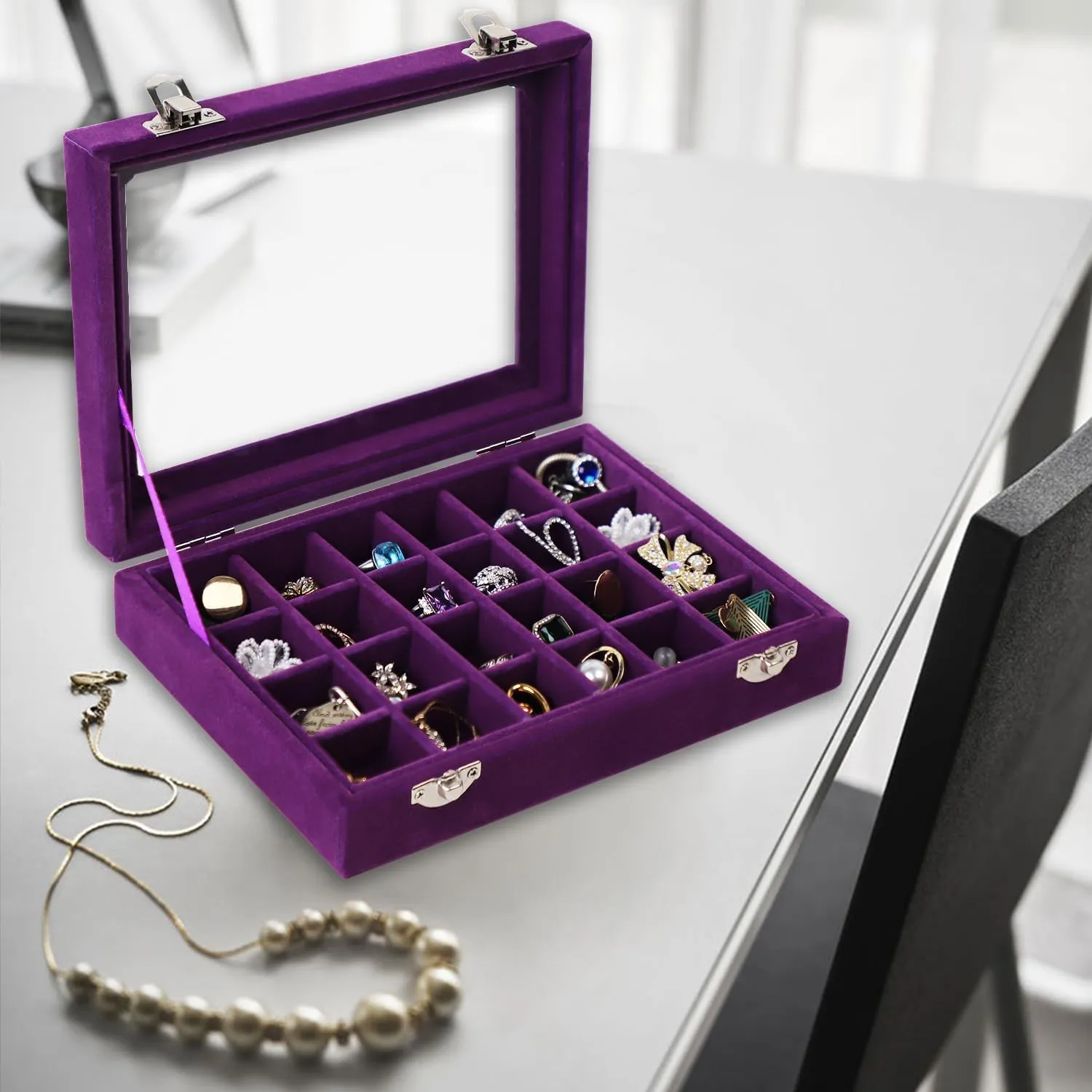 24 Grid Velvet Jewelry Tray for Drawers Detachable Earrings Holder Organizer Earring Case Jewelry Showcase Box Glass Clear Lid Showcase Display Storage Ring Trays (Purple)