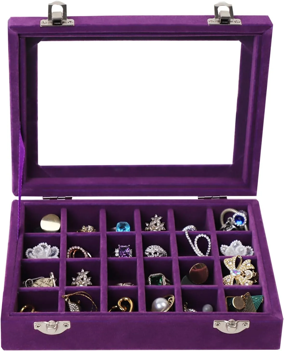 24 Grid Velvet Jewelry Tray for Drawers Detachable Earrings Holder Organizer Earring Case Jewelry Showcase Box Glass Clear Lid Showcase Display Storage Ring Trays (Purple)