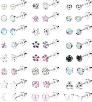 24 Pairs Hypoallergenic Earrings For Girls Studs Surgical Stainless Steel Cute Screw Back Stud Earrings For Women Nickel Free Kids Toddler Baby Little Girl Jewelry