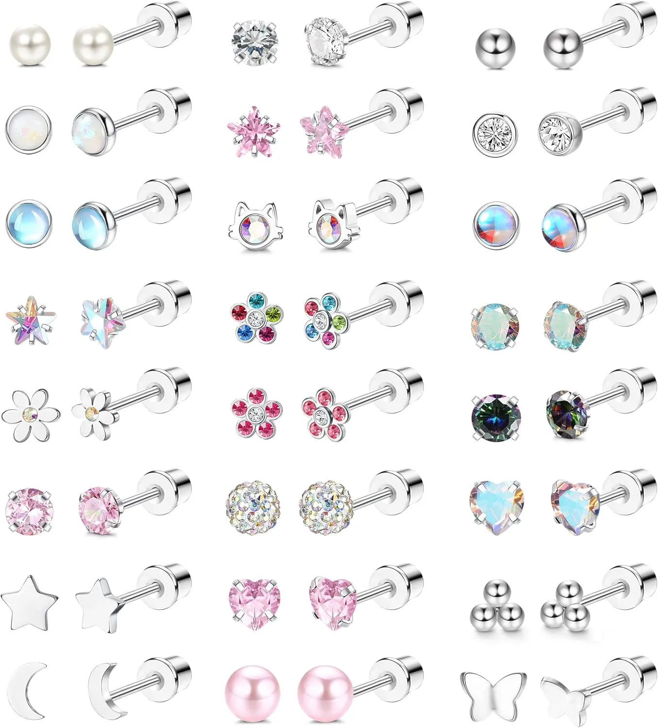 24 Pairs Hypoallergenic Earrings For Girls Studs Surgical Stainless Steel Cute Screw Back Stud Earrings For Women Nickel Free Kids Toddler Baby Little Girl Jewelry
