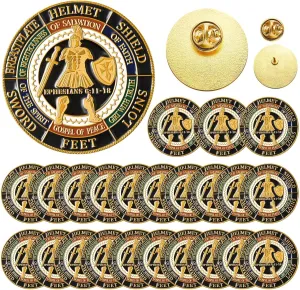 24 Pcs Put on the Whole Armour of God Lapel Pins 1.18 Inch Gold Religious Brooches Christian Pins Bulk for Men Women