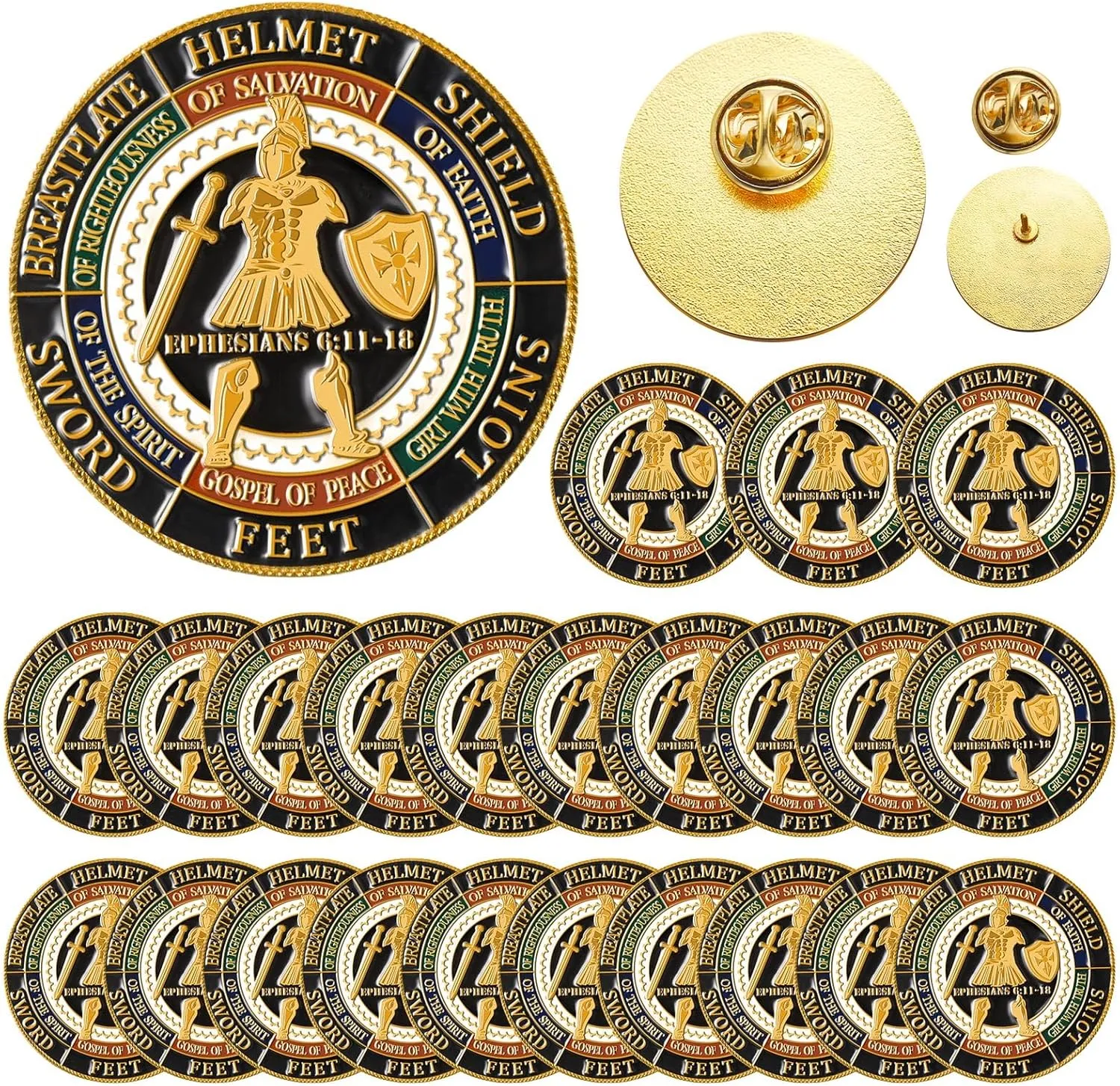 24 Pcs Put on the Whole Armour of God Lapel Pins 1.18 Inch Gold Religious Brooches Christian Pins Bulk for Men Women