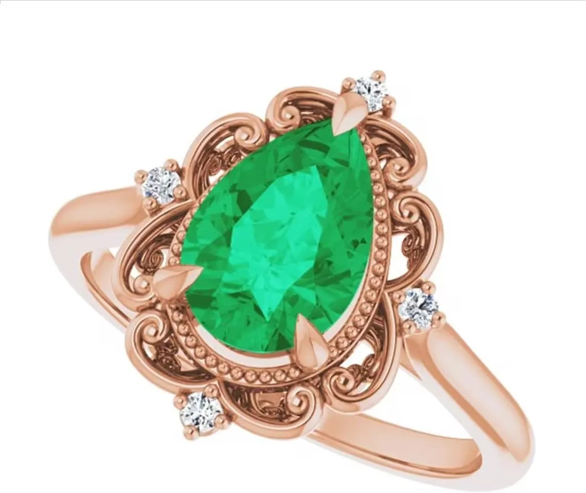 2.5 CT Victorian Pear Shape Emerald Ring 14k Yellow Gold, Vintage Green Emerald Ring, Antique Tear Drop Emerald Engagement Ring, May Birthstone Ring, Wedding/Bridal Rings