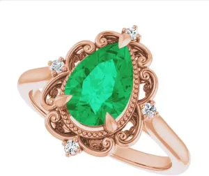 2.5 CT Victorian Pear Shape Emerald Ring 14k Yellow Gold, Vintage Green Emerald Ring, Antique Tear Drop Emerald Engagement Ring, May Birthstone Ring, Wedding/Bridal Rings