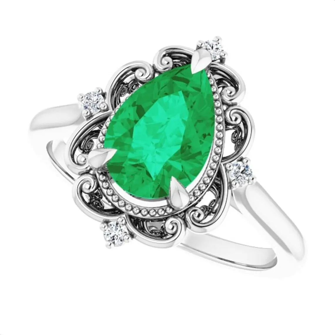 2.5 CT Victorian Pear Shape Emerald Ring 14k Yellow Gold, Vintage Green Emerald Ring, Antique Tear Drop Emerald Engagement Ring, May Birthstone Ring, Wedding/Bridal Rings
