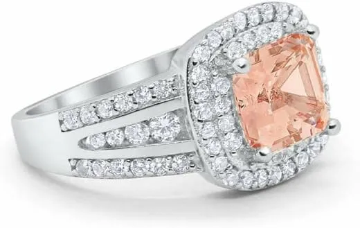 2.54 Cttw Emerald Shape Simulated Peach Morganite & White Cubic Zirconia Wedding Engagement Halo Ring In 14K White Gold Plated 925 Sterling Silver