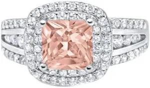2.54 Cttw Emerald Shape Simulated Peach Morganite & White Cubic Zirconia Wedding Engagement Halo Ring In 14K White Gold Plated 925 Sterling Silver