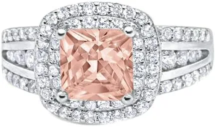2.54 Cttw Emerald Shape Simulated Peach Morganite & White Cubic Zirconia Wedding Engagement Halo Ring In 14K White Gold Plated 925 Sterling Silver