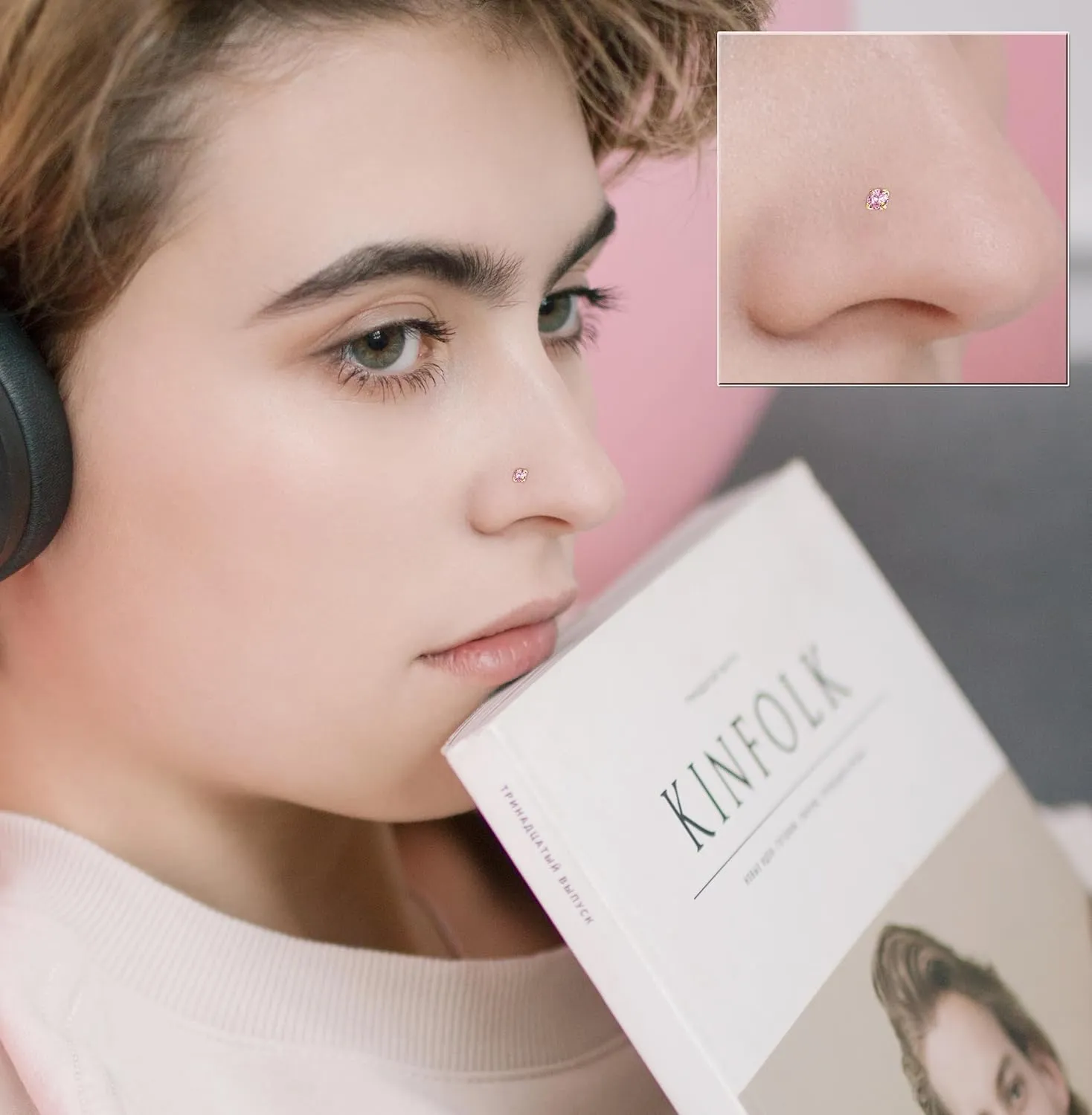 2mm 14k Gold Plated G23 Titanium L Shaped Nose Rings Studs for Sensitive Skin Hypoallergenic 20g Cubic Zircon Handmade Thin Nose Rings L Shaped Nose Piercings Studs for Women Men Pink