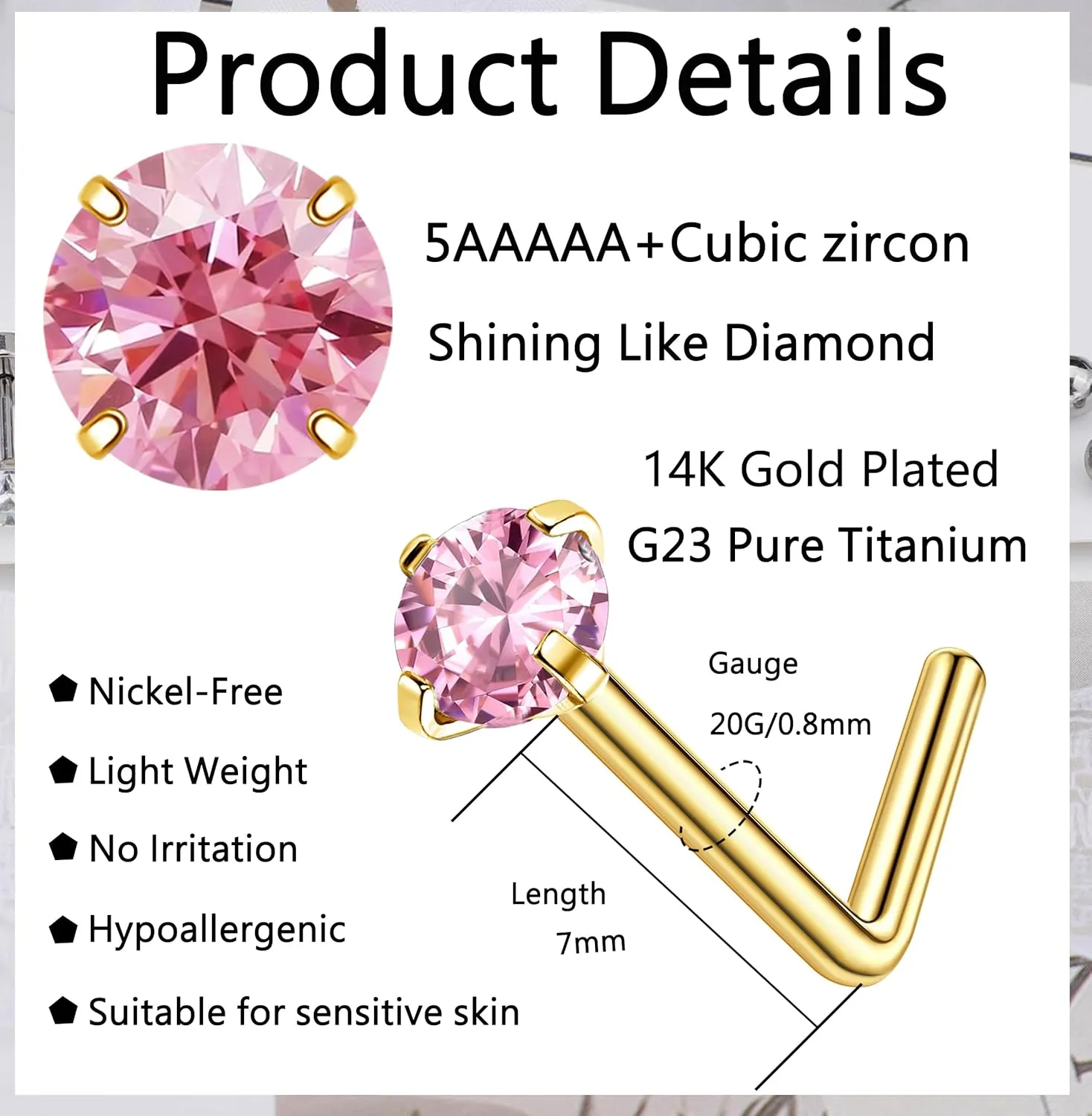 2mm 14k Gold Plated G23 Titanium L Shaped Nose Rings Studs for Sensitive Skin Hypoallergenic 20g Cubic Zircon Handmade Thin Nose Rings L Shaped Nose Piercings Studs for Women Men Pink