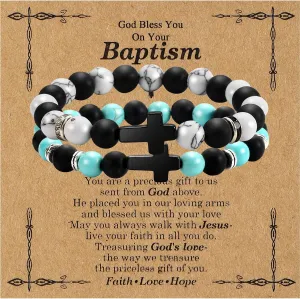 2PC Beaded Cross Bracelet for Men 8mm Silicone Friendship Bracelet Set Stretch Jesus Wristband Faith Religious Christian Catholic Jewelry Gifts Blue White