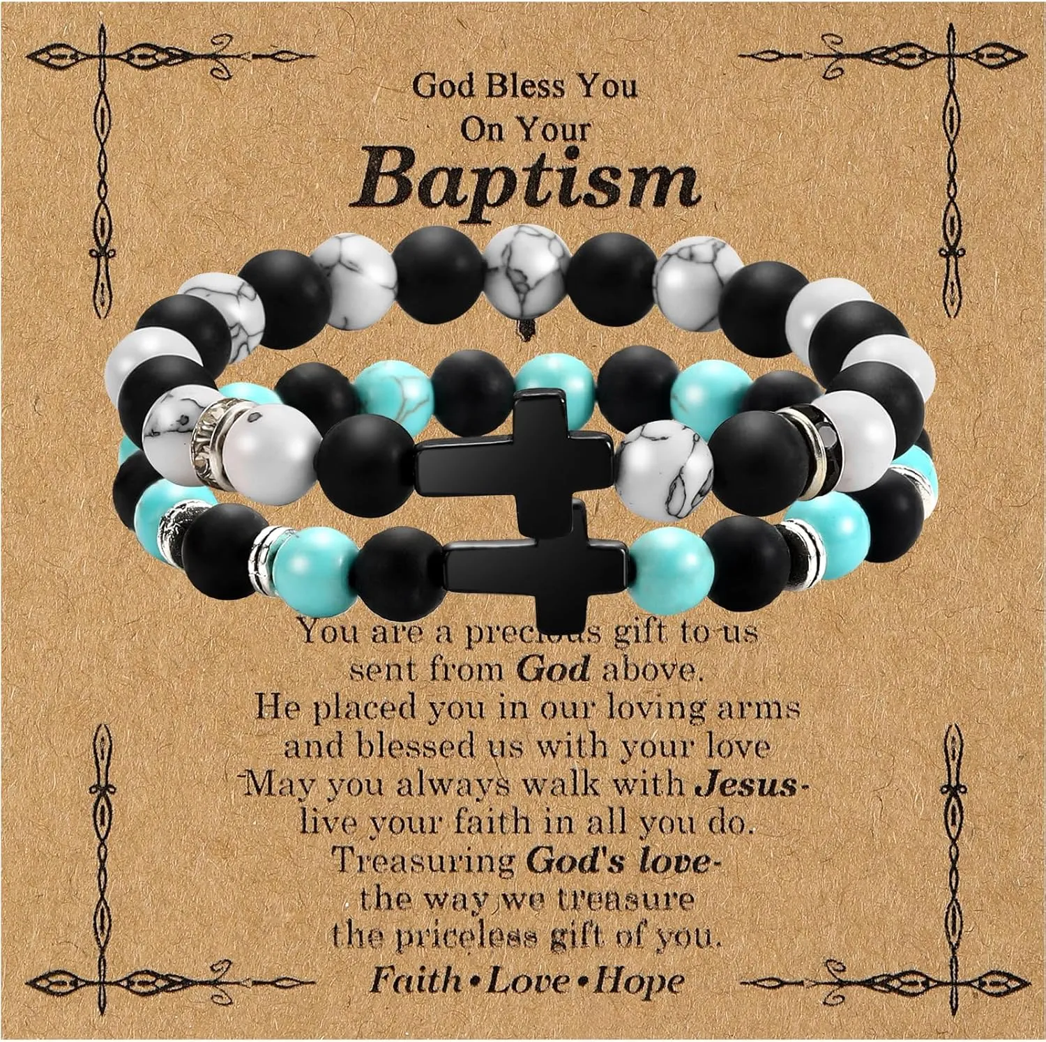 2PC Beaded Cross Bracelet for Men 8mm Silicone Friendship Bracelet Set Stretch Jesus Wristband Faith Religious Christian Catholic Jewelry Gifts Blue White