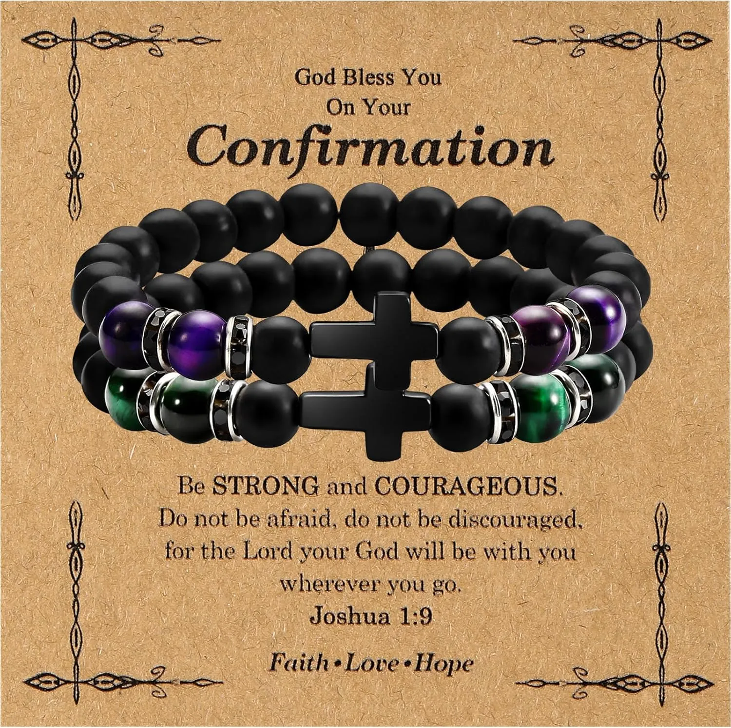 2PC Beaded Cross Bracelet for Men 8mm Silicone Friendship Bracelet Set Stretch Jesus Wristband Faith Religious Christian Catholic Jewelry Gifts Green Purple