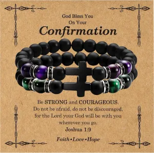 2PC Beaded Cross Bracelet for Men 8mm Silicone Friendship Bracelet Set Stretch Jesus Wristband Faith Religious Christian Catholic Jewelry Gifts Green Purple