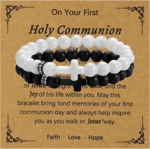 2PC Beaded Cross Bracelet for Men 8mm Silicone Friendship Bracelet Set Stretch Jesus Wristband Faith Religious Christian Catholic Jewelry Gifts White Black