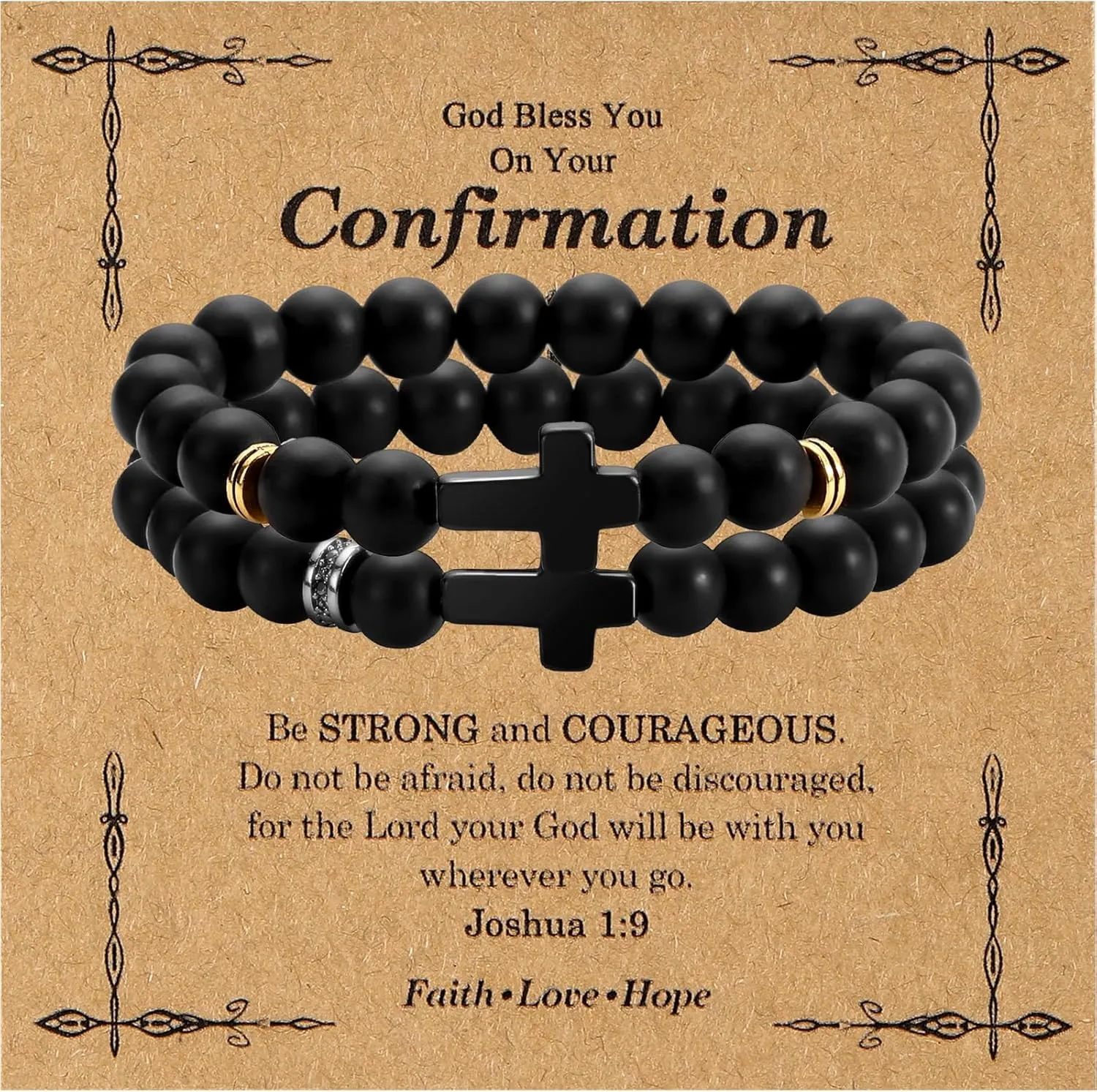 2PC Beaded Cross Bracelet for Men 8mm Silicone Friendship Bracelet Set Stretch Jesus Wristband Faith Religious Christian Catholic Jewelry Gifts White Gold