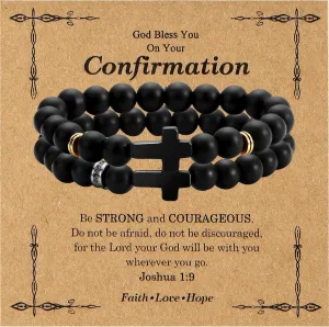 2PC Beaded Cross Bracelet for Men 8mm Silicone Friendship Bracelet Set Stretch Jesus Wristband Faith Religious Christian Catholic Jewelry Gifts White Gold