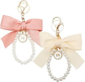 2Pcs Cute Bow Keychain for Women, Pearl Key Chains Coquette Bow Keyring Keychain, Aesthetic Bag Charms Pearl Wristlet Accessories (Pink White Bow)