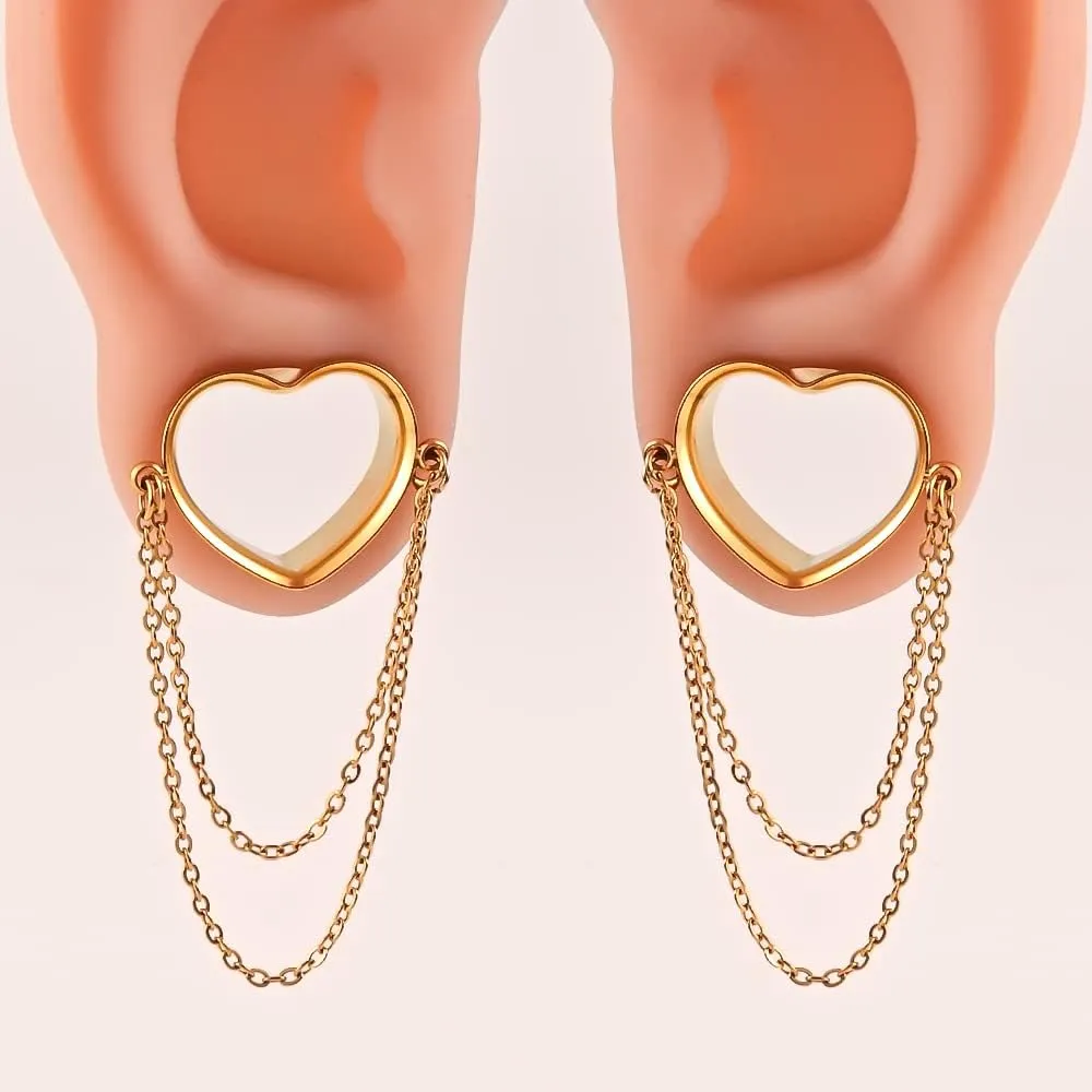 2PCS Cute Heart Ear Gauges with Chains Hypoallergenic 316 Stainless Steel Plugs for Earrings Tunnels Piercing Expander Stretchers Body Jewelry