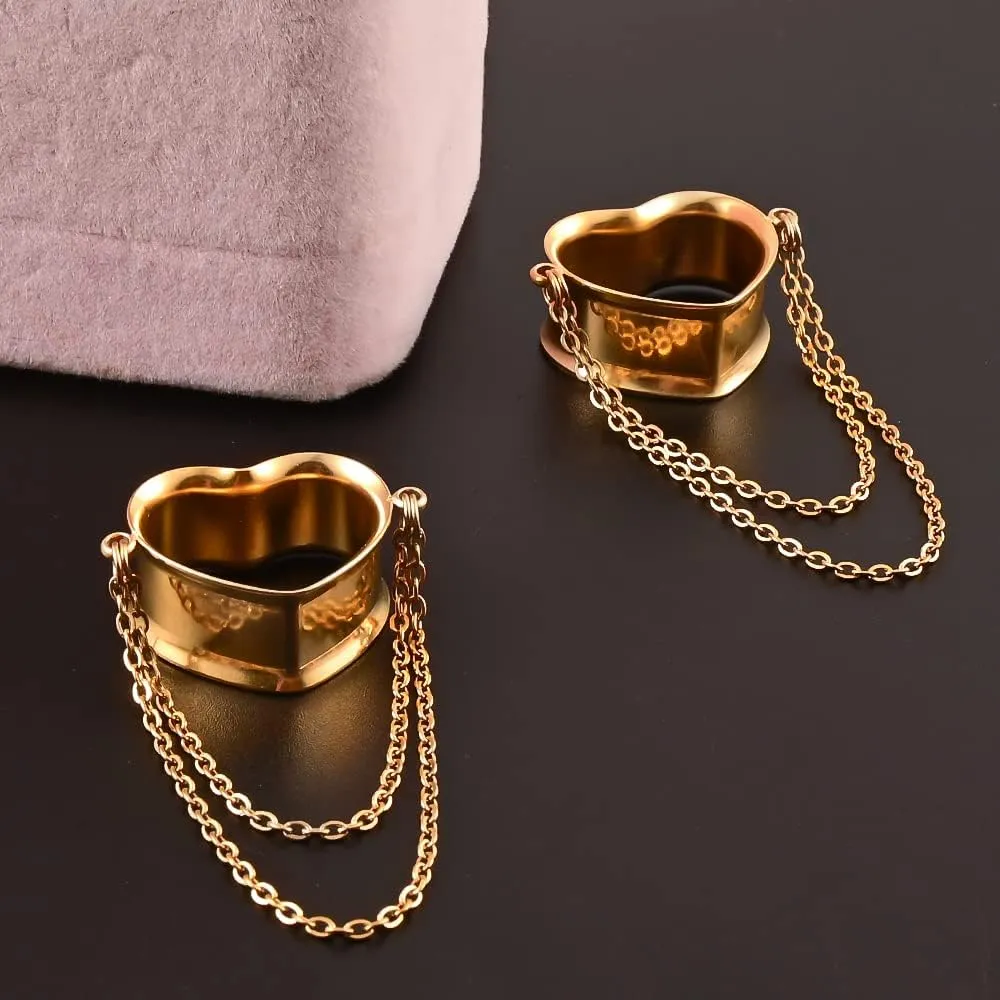 2PCS Cute Heart Ear Gauges with Chains Hypoallergenic 316 Stainless Steel Plugs for Earrings Tunnels Piercing Expander Stretchers Body Jewelry