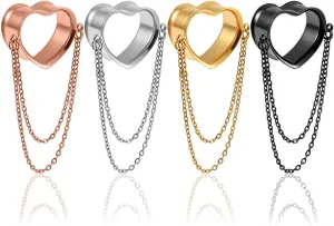 2PCS Cute Heart Ear Gauges with Chains Hypoallergenic 316 Stainless Steel Plugs for Earrings Tunnels Piercing Expander Stretchers Body Jewelry