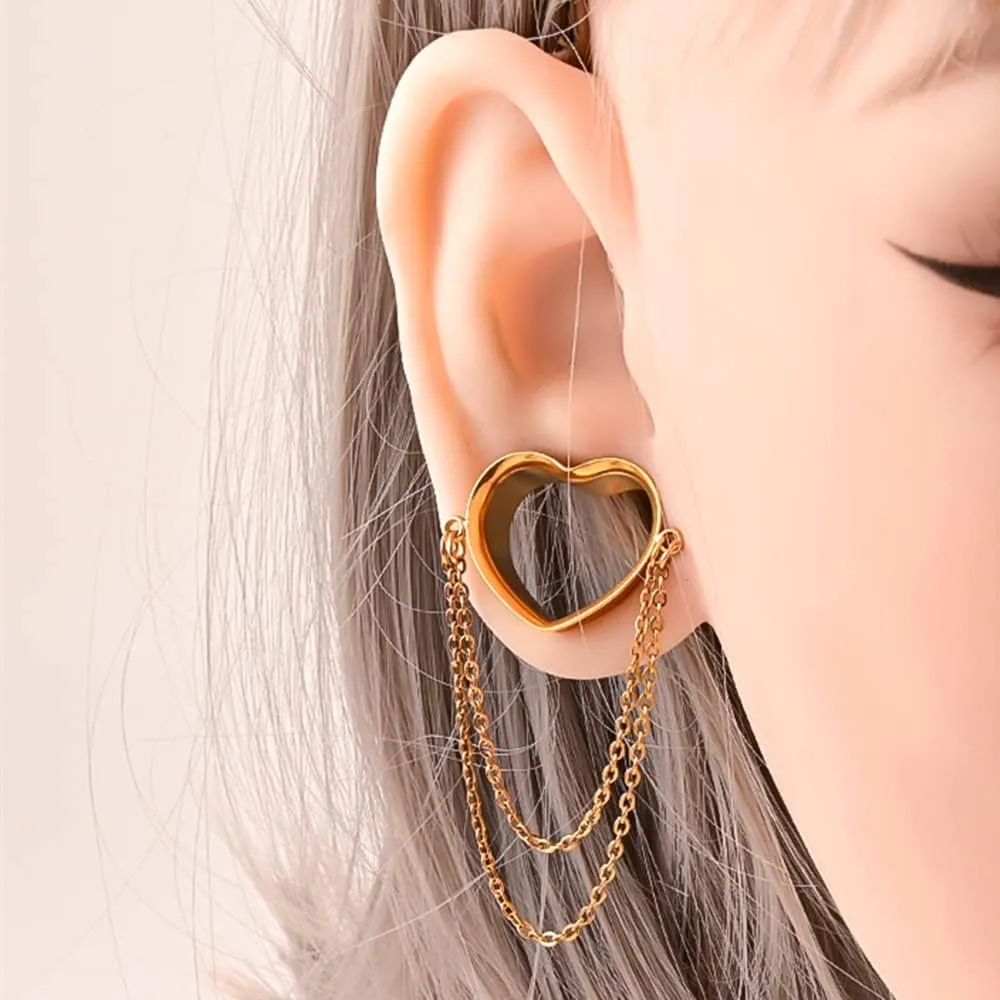 2PCS Cute Heart Ear Gauges with Chains Hypoallergenic 316 Stainless Steel Plugs for Earrings Tunnels Piercing Expander Stretchers Body Jewelry