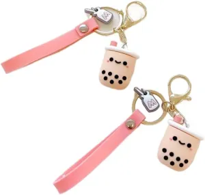 2PCS Cute Silicone Pearl Milk Tea Shape Keychain, Ladies Girls Bag Key Ring Car Charm Keychain Phone Bag Decoration Fun Keychain