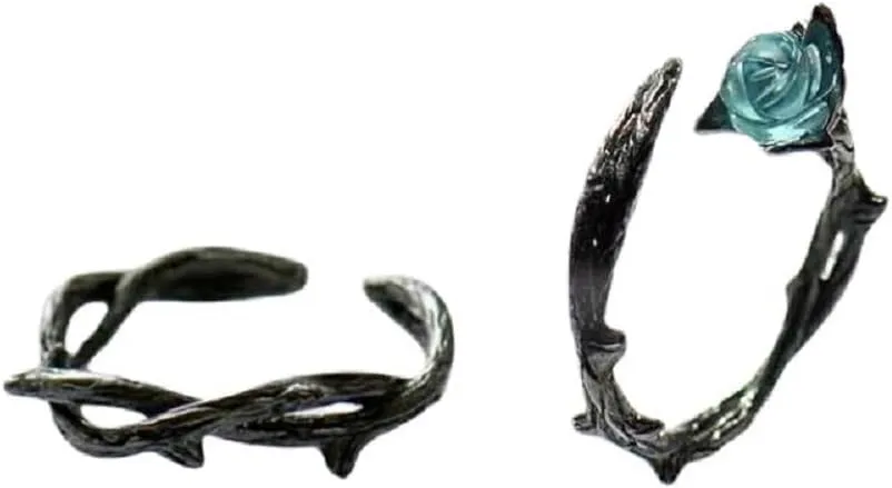 2Pcs Fashion 925 Sterling Silver Black Rose Thorn Flower Ring for Couple, Vintage Black Rose Opening Adjustable Flower Jewelry, Gothic Punk Dainty Stacking Rings Valentine's Day