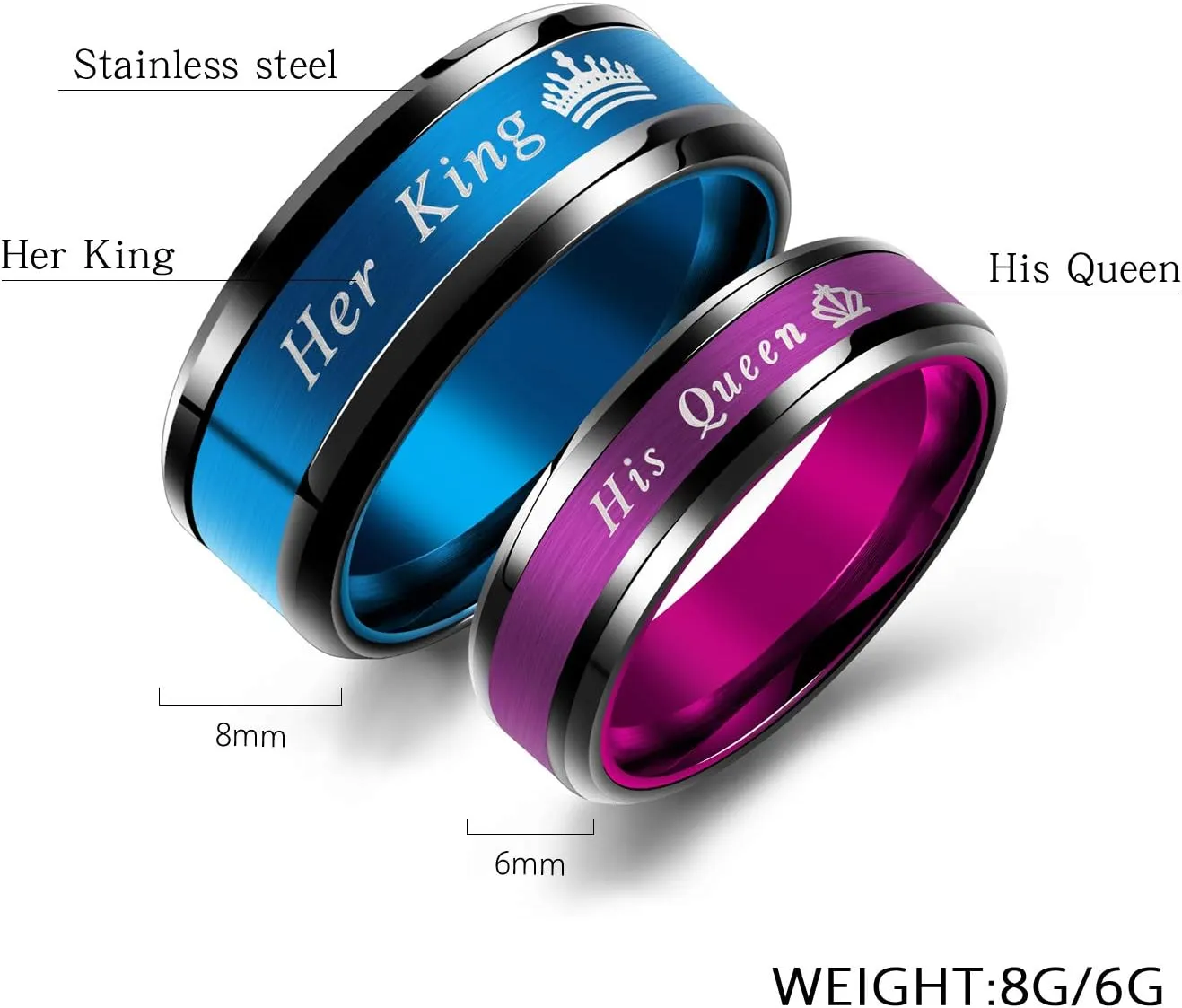 2pcs His Queen & Her King Crown Couple Rings His and Her Wedding Engagement Band Anniversary Promise Rings Set for Him and Her Valentine's Gifts