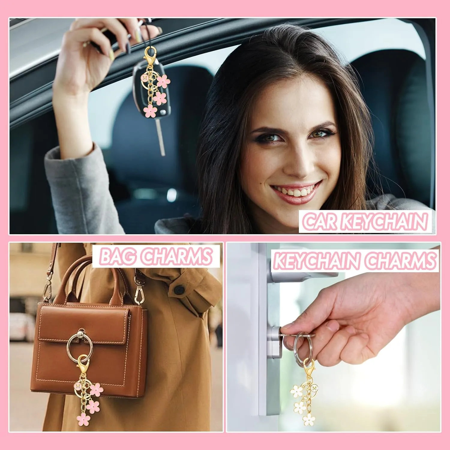 2Pcs Initial Letter L Keychain Cute Flower Key Chains Pink White Bag Key Charms for Women Girls Personalized Letter Gifts