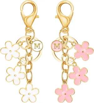 2Pcs Initial Letter L Keychain Cute Flower Key Chains Pink White Bag Key Charms for Women Girls Personalized Letter Gifts