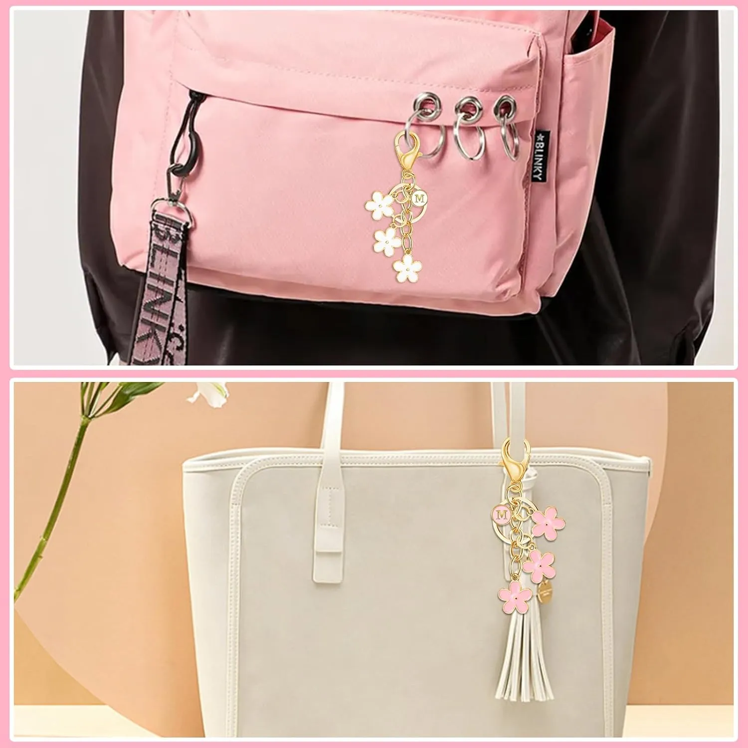 2Pcs Initial Letter L Keychain Cute Flower Key Chains Pink White Bag Key Charms for Women Girls Personalized Letter Gifts