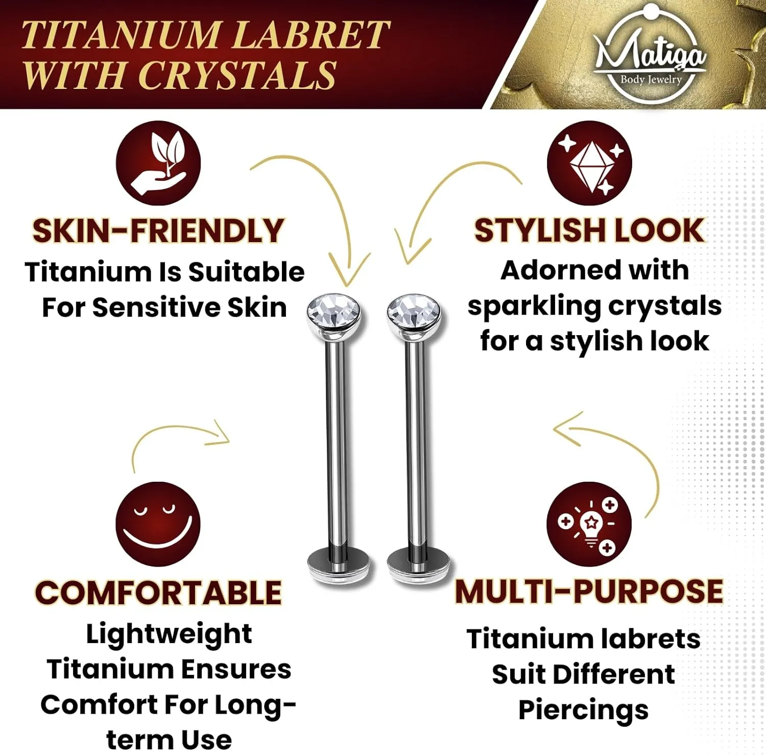 2Pcs Titanium G23 16g Labret Studs Piercing Jewelry Monroe Tragus Vertical Labret 3mm Clear Half Ball Crystal More Choices