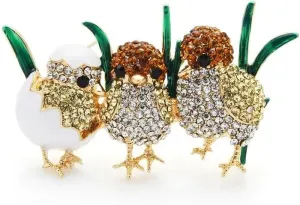 3 Full Sparkling Rhinestone Chick Brooch Pins Enamel Grass Cute Little Bird Brooches For Women And Child Gift