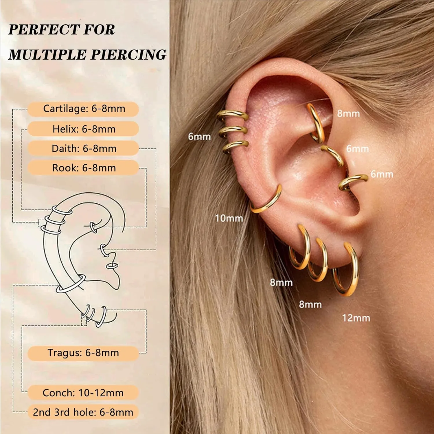 3 Pairs 925 Sterling Silver Hoop Earrings for Women Men Lightweight Small Helix Cartilage Hinged Hoop Earrings 18K White Gold Plated Huggie Hoop Earrings Set 6mm 8mm 10mm 12mm