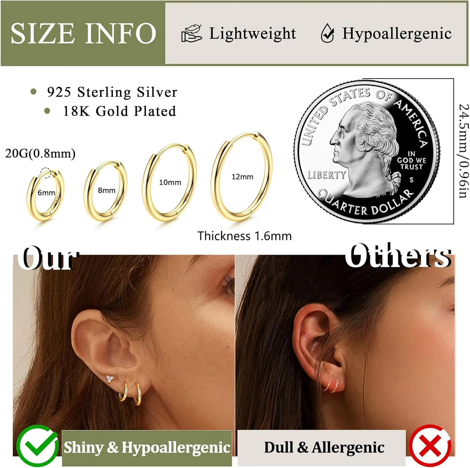 3 Pairs 925 Sterling Silver Hoop Earrings for Women Men Lightweight Small Helix Cartilage Hinged Hoop Earrings 18K White Gold Plated Huggie Hoop Earrings Set 6mm 8mm 10mm 12mm